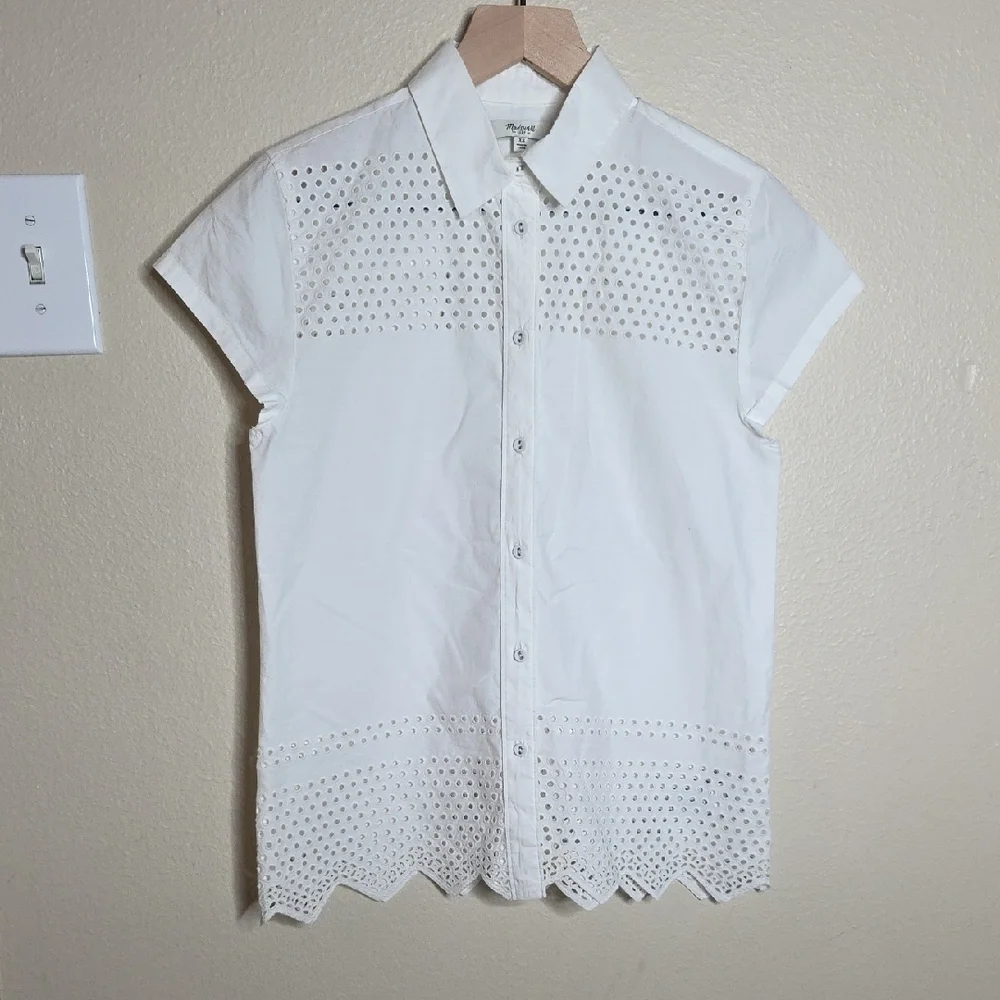 Madewell White Cotton Eyelet Embroidery Camp Shirt Shrunken Fit Scallop Hem XS - Picture 5 of 11
